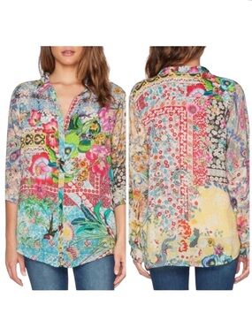 Johnny Was Milla vibrant floral patchwork button down shirt